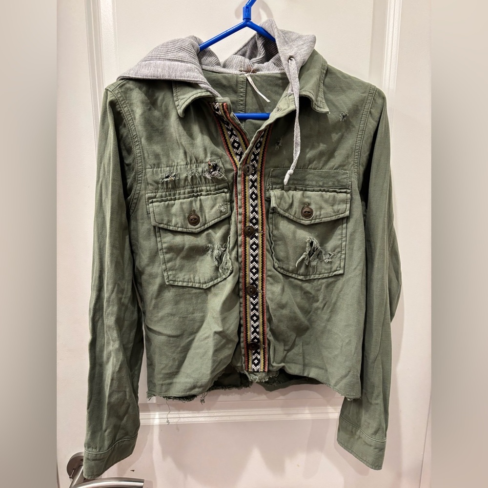 NWOT Free People Green distressed Military hooded Jacket - XS